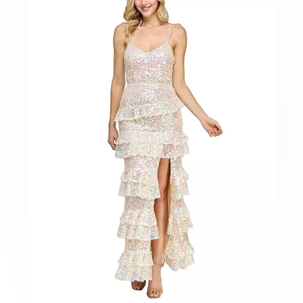 Juniors' All Over Sequin Tiered Mesh Gown Dress, Created for Macy's